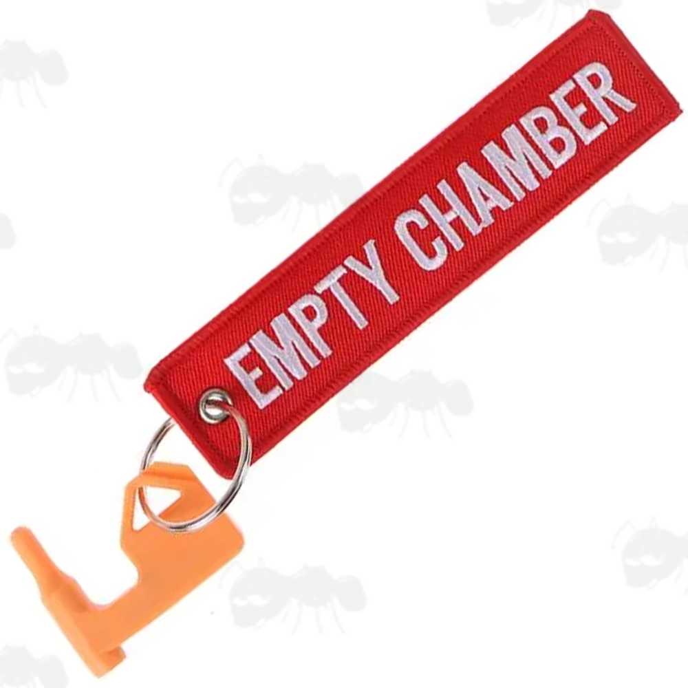 Orange Plastic Empty Gun Chamber Safety Plug Tool Fitted with Red Canvas Flag Keychain with White Embroidered Empty Chamber Text