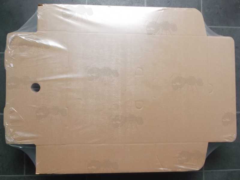 Shrink Wrapped Pack of Flat-Packed Brown Cardboard Calzone Pizza Boxes with Integral Lids