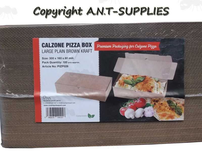 End Label View of The Shrink Wrapped Pack of Flat-Packed Brown Cardboard Calzone Pizza Boxes with Integral Lids