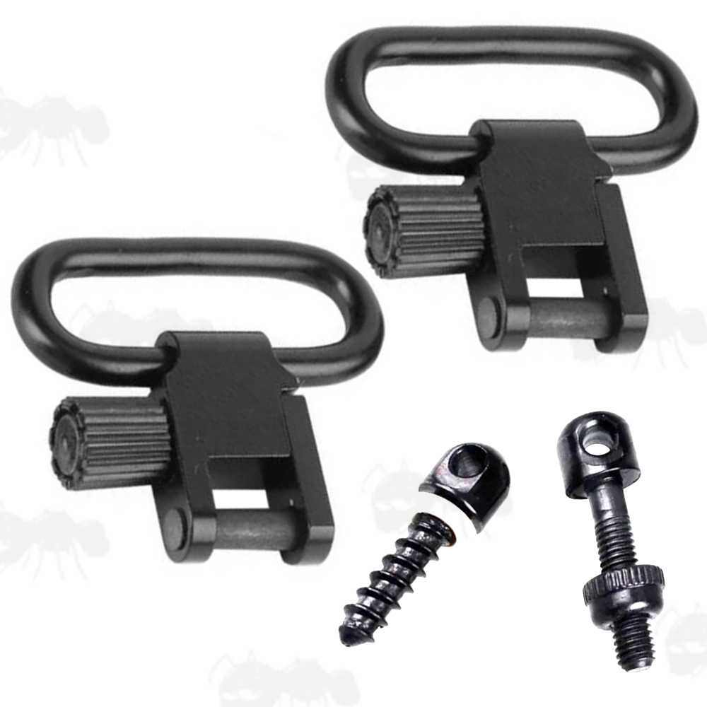 Pair of Black QD Sling Swivels with Base Studs with Long Wood and Machine Threads