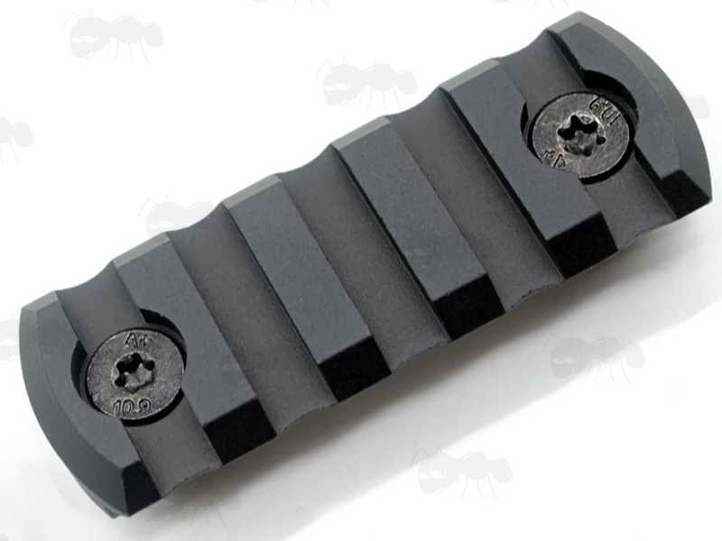 Top View of The Five Slot Length Black Metal M-Lok Accessory Rail with Torx Head Fittings