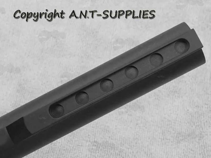 Six Position Slot Base View of The Black Metal Airsoft Mil-Spec Buffer Stock Tube