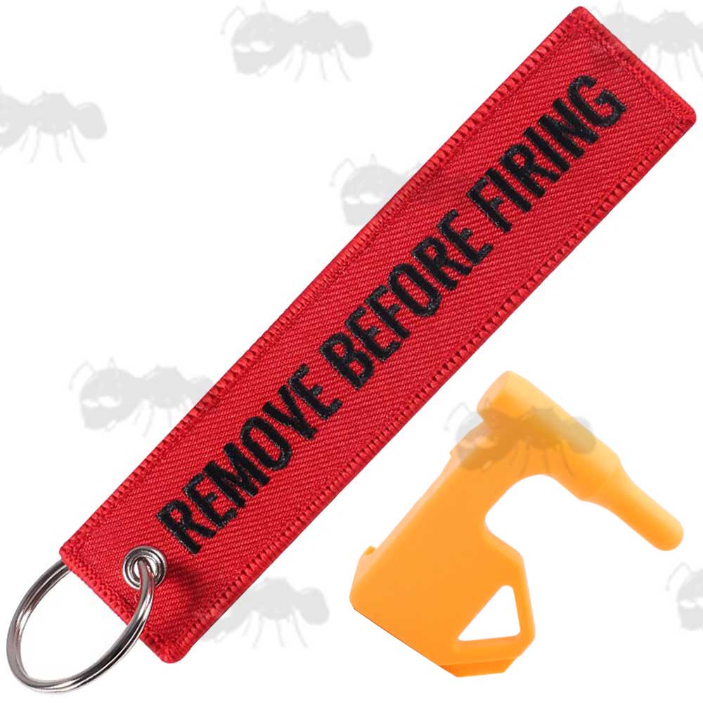 Orange Plastic Empty Gun Chamber Safety Plug Tool with Red Canvas Flag Keychain with Black Embroidered Remove Before Firing Chamber Text