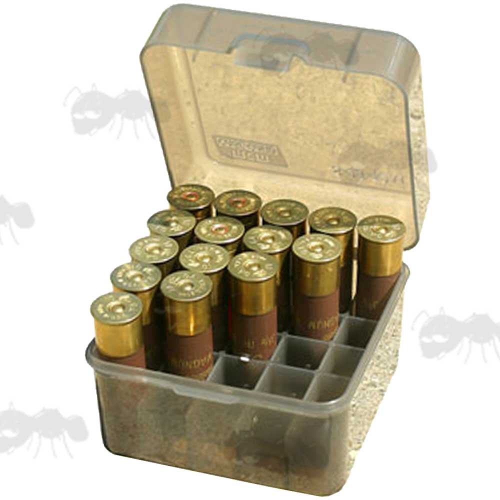Clear Smokey Plastic Shotgun Cartridge Box Showing 20 x 12g Shells