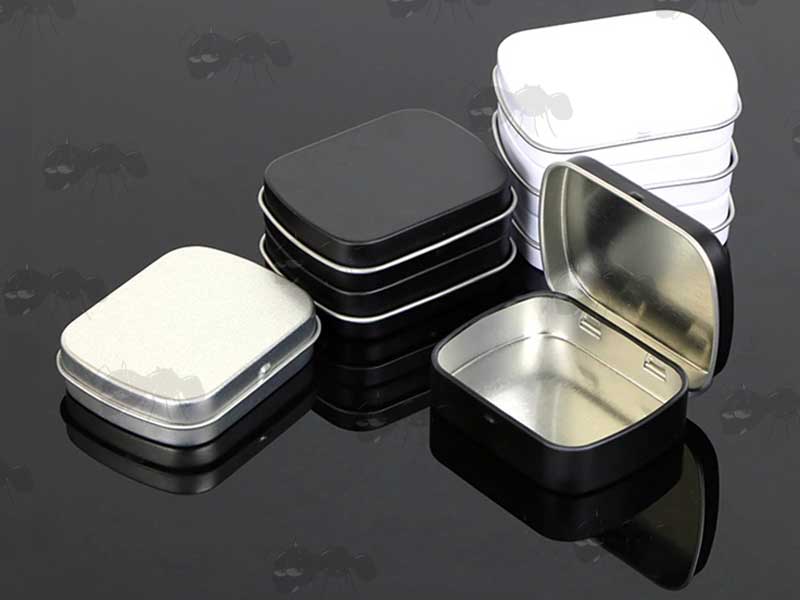 Mix of Silver, White and Black Coloured Small Silver Coloured Survival Tins with Hinged Lids