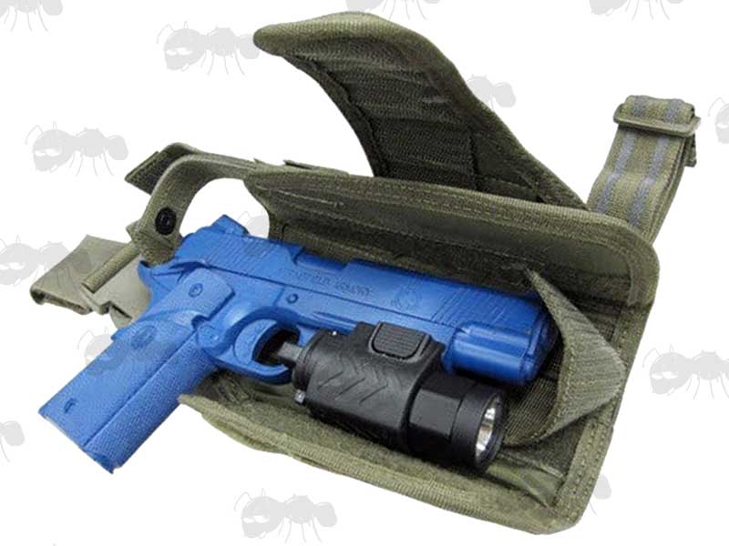 Fully Adjustable Drop-Leg Pistol Holster in Green with Blue Pistol