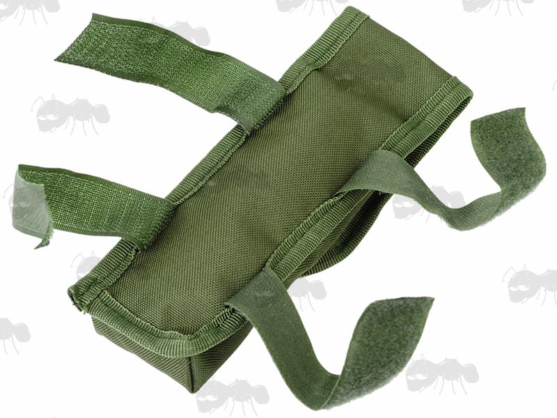 Hook and Loop Strap View of The Green External Battery Pouch for Rifle Buttstocks