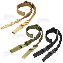 Black, Green and Tan Two / One Point Bungee Rifle Slings with QD ABS Buckles and HK Style Snap Hook Clips