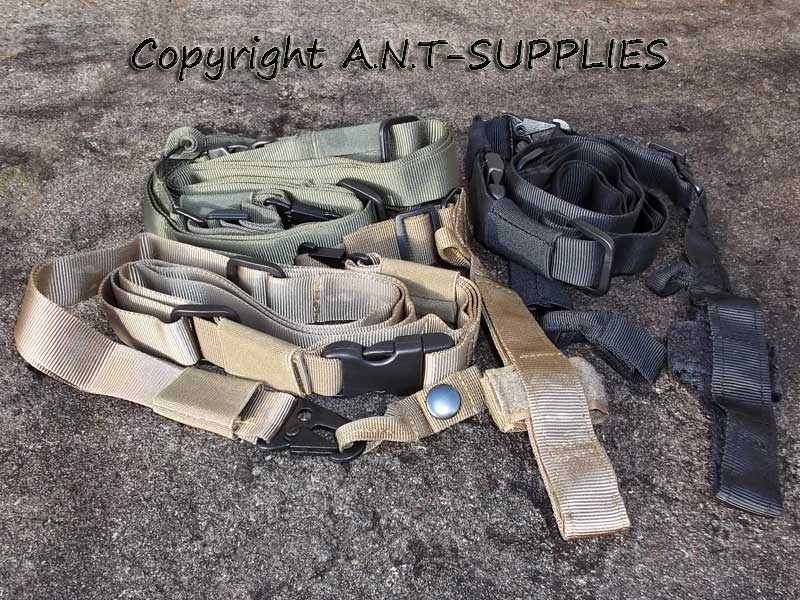 Black, Green and Tan Coloured Three Point Tactical Rifle Slings with Fixed Stock Adapter Loops