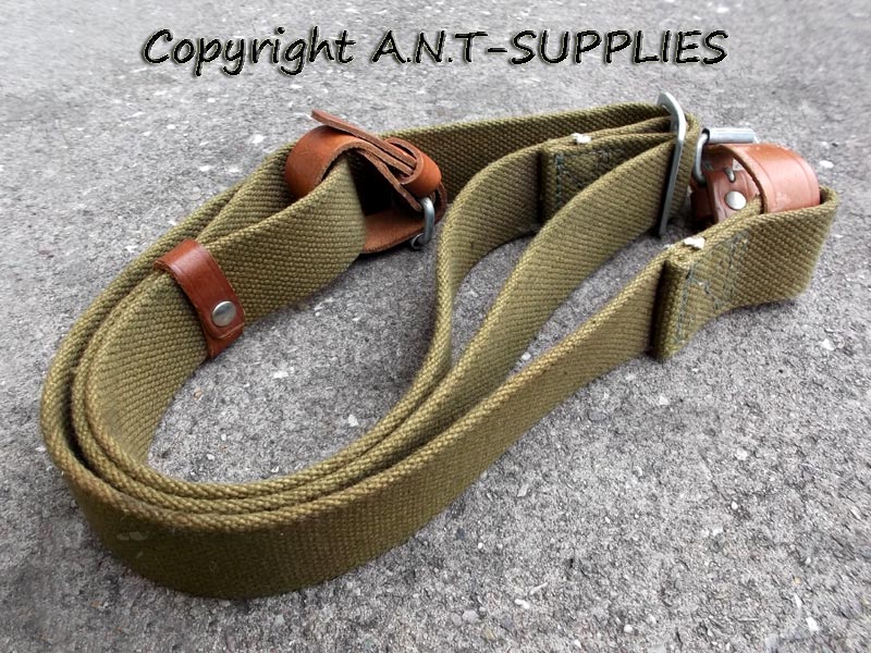Genuine Original Russian Made Mosin Nagant Green Canvas Carry Sling with Leather Tab Fittings