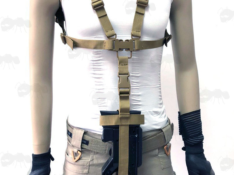 Tan Heavy Weight Nylon P90 Shoulder Harness Sling on Manikin Fitted to a P90