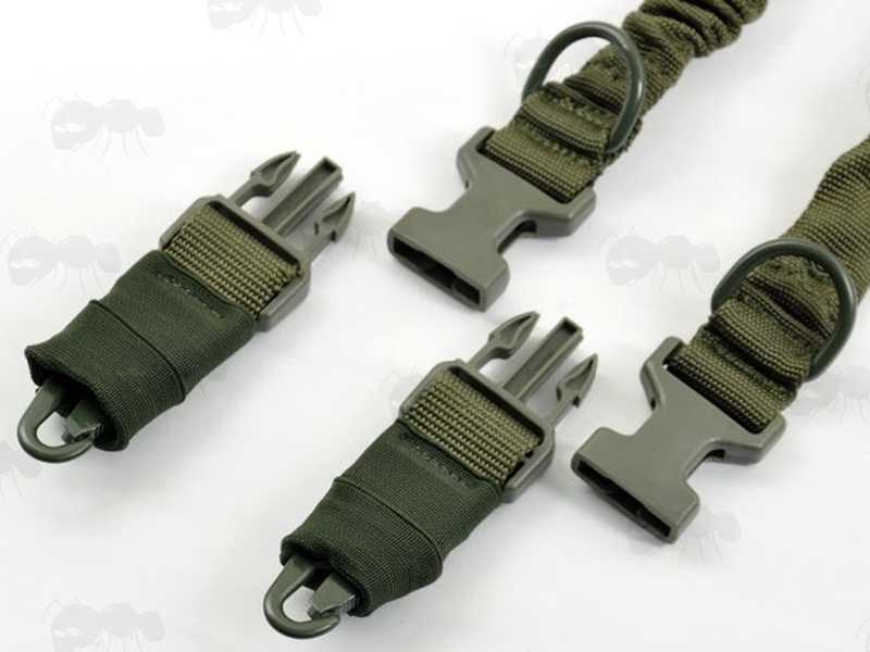 Close Up View of The QD Buckle End HK Clip Hooks for The Heavy-Duty Green Two Point Bungee Rifle Sling