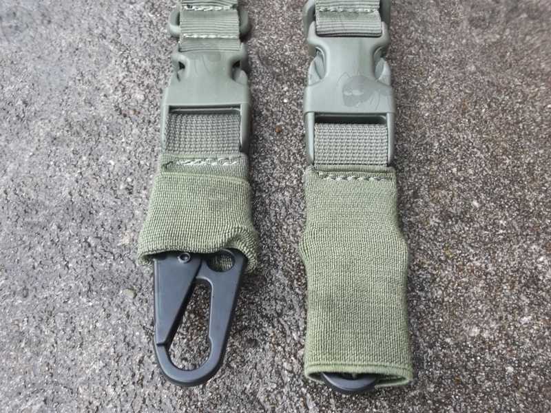 Close Up View of The QD ABS Buckles and HK Style Snap Hook Clips on The Green Two / One Point Bungee Rifle Sling