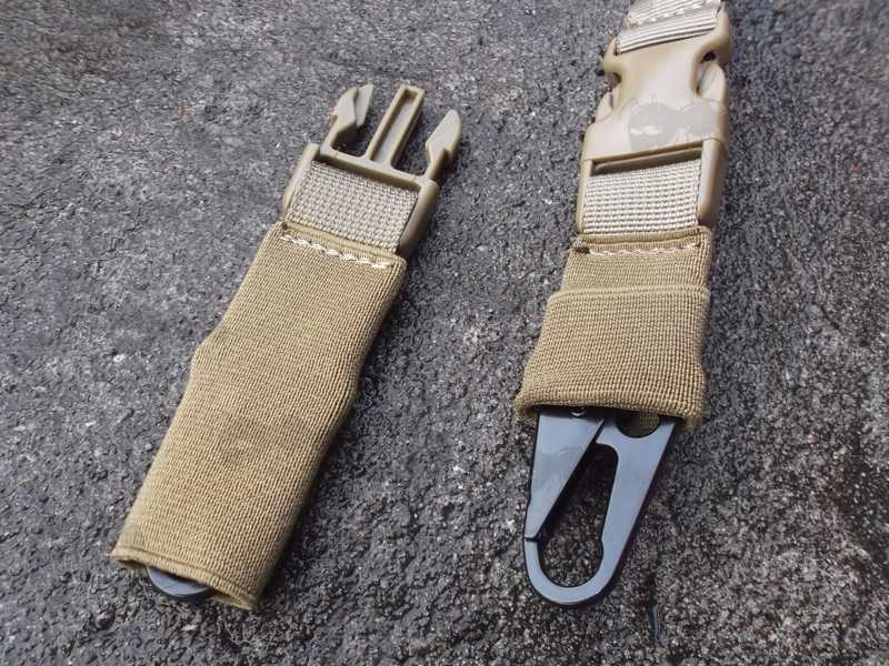 Close Up View of The QD ABS Buckles and HK Style Snap Hook Clips on The Tan Two / One Point Bungee Rifle Sling