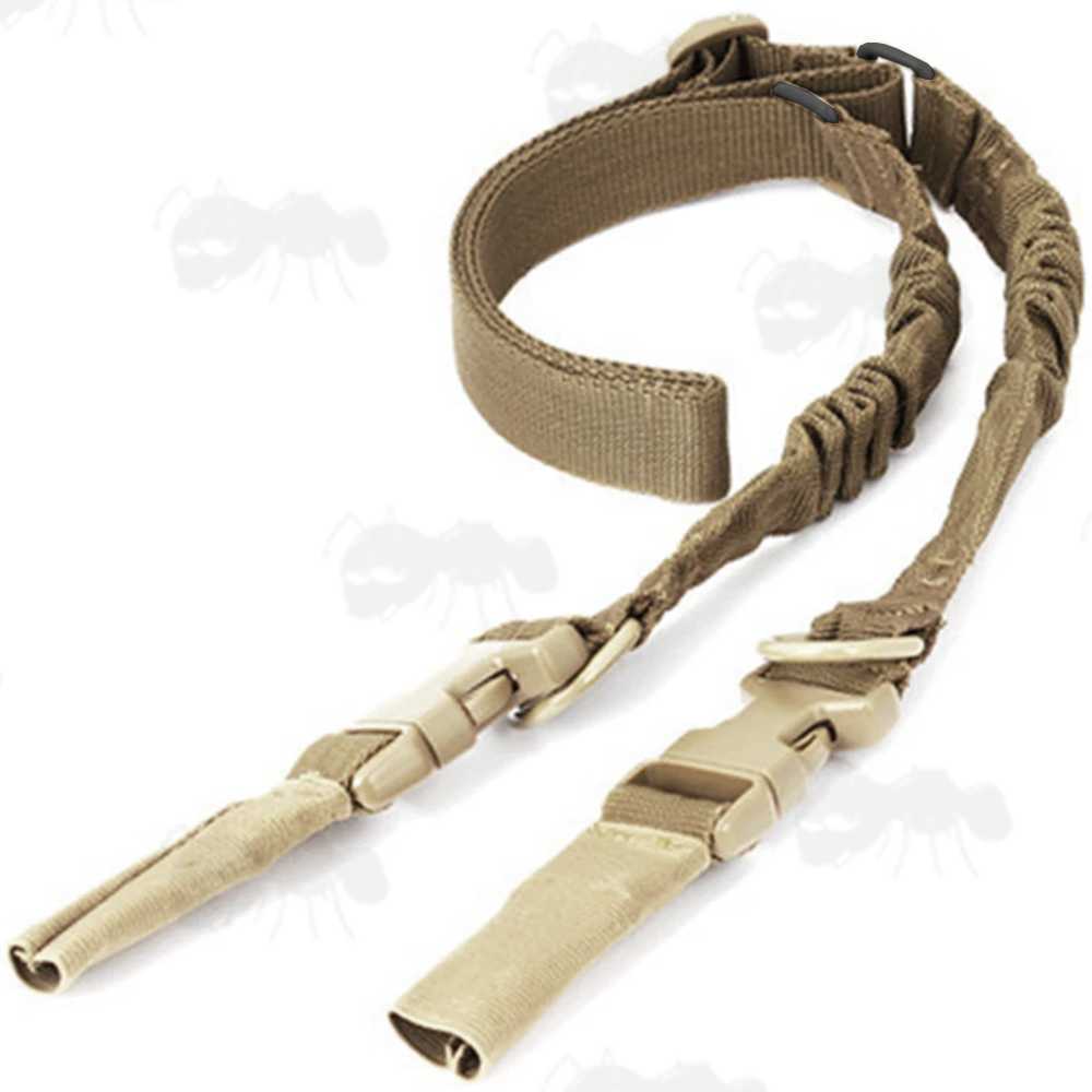 Tan Two / One Point Bungee Rifle Sling with QD ABS Buckles and HK Style Snap Hook Clips
