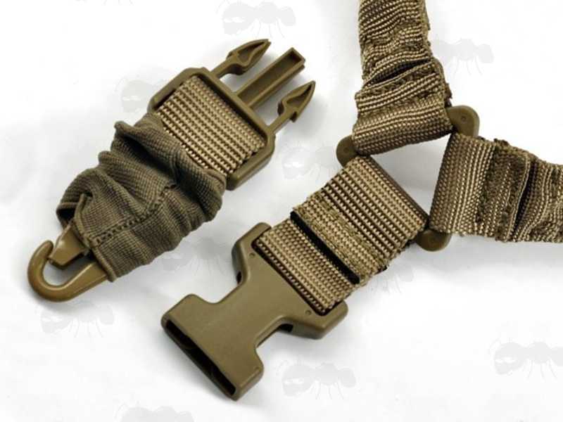 Close-Up View of The Removable QD Buckle End Clip Fitting on The Single Point QR One Point Bungee Sling in Coyote Brown