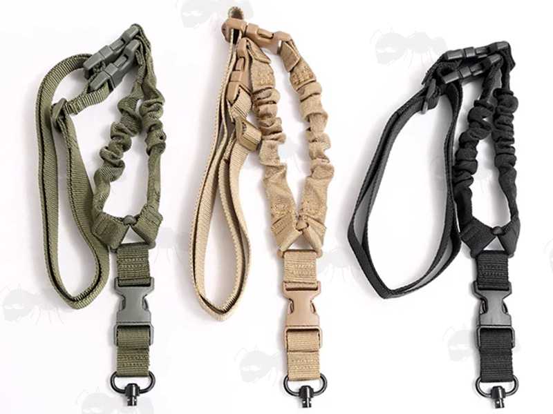 Three Single Point Bungee Rifle Sling with 10mm Diameter Quick-Release Push Button Socket Swivel and Three QD Buckle in Olive Green, Tan and Black