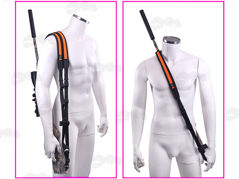 Black Canvas and High-Visibility Neoprene Backpack Harness Style Rifle Sling Shown In Use Over Shoulder and Across Body