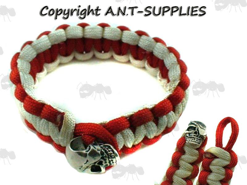 White and Red Two Tone Paracord Buckle-Less Survival Bracelet with Pirate Skull Fitting