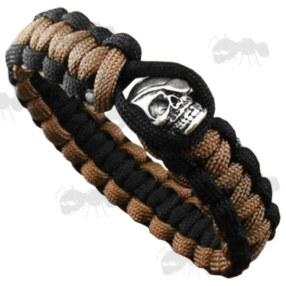 Black and Coyote Brown Two Tone Paracord Buckle-Less Survival Bracelet with Pirate Skull Fitting