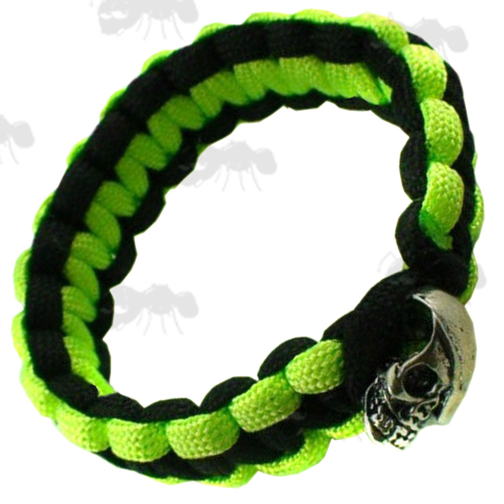 Black and Fluorescent Two Tone Paracord Buckle-Less Survival Bracelet with Pirate Skull Fitting