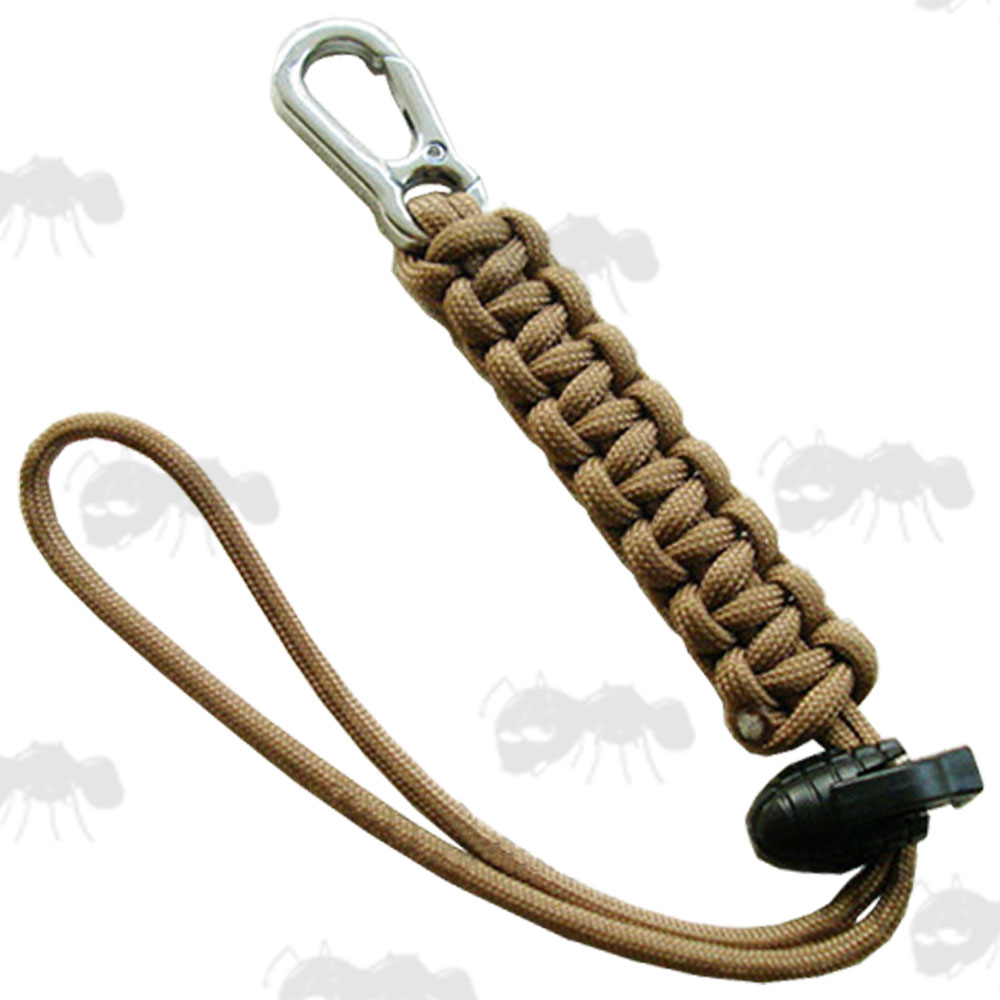Coyote Brown Cobra Weave Paracord Lanyard with Metal Snap Clip and Black Plastic Grenade Style Cord Lock Toggle