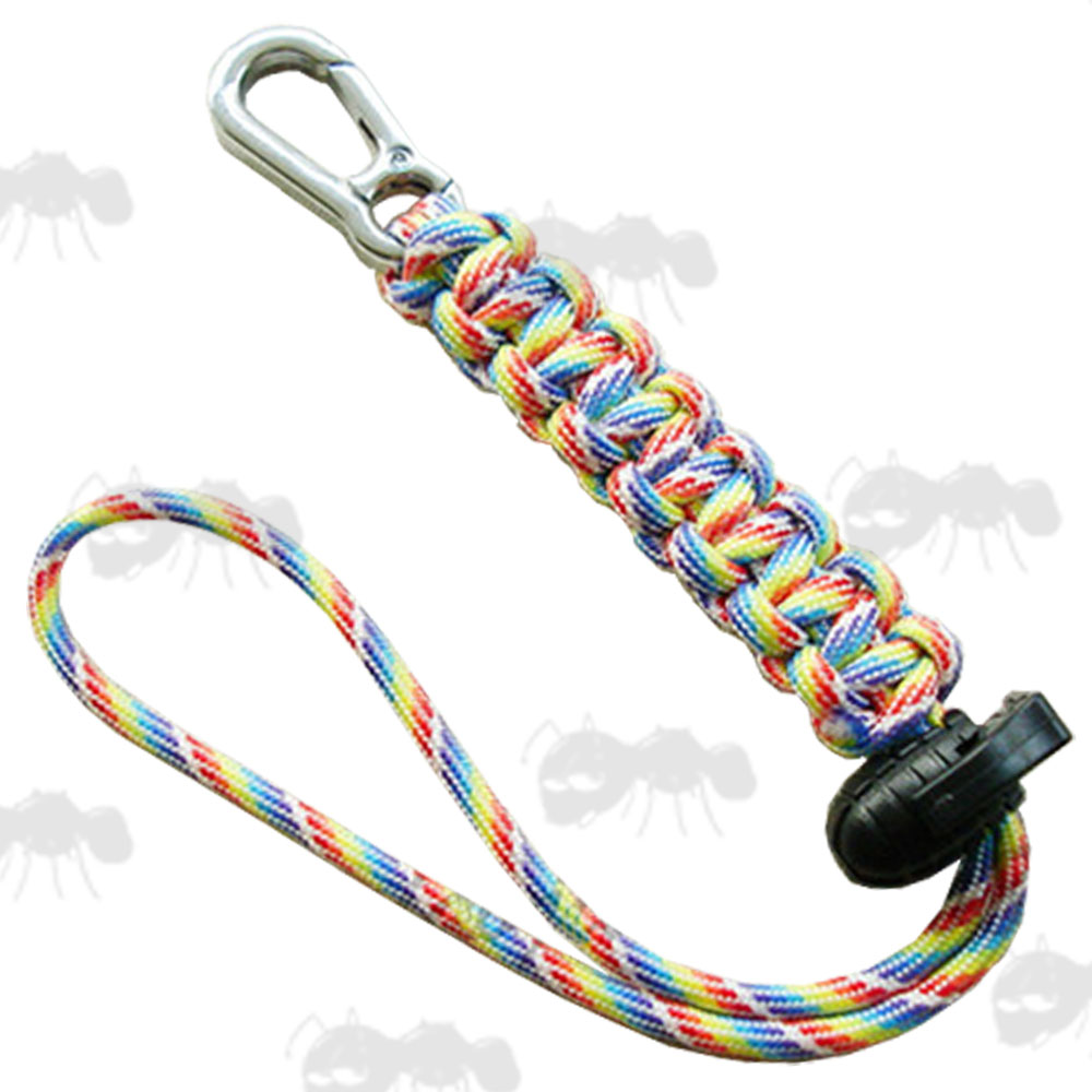 Rainbow Camouflage Cobra Weave Paracord Lanyard with Metal Snap Clip and Black Plastic Grenade Style Cord Lock Toggle