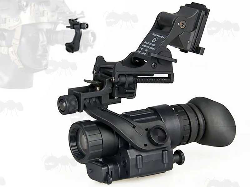Black Polymer J-Helmet Mount Adapter for PVS-14 Style Night Vision Monoculars, Shown Fitted to Sight and Helmet Base Mount