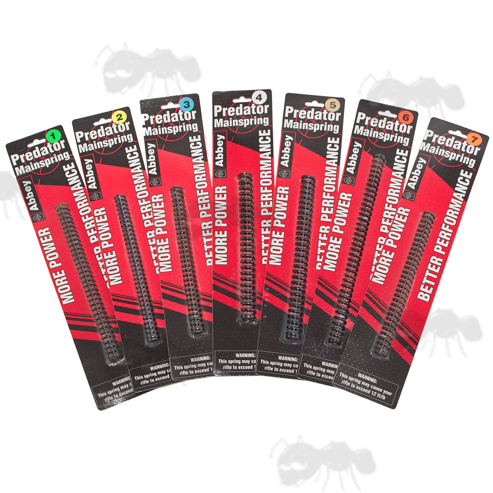 Range of Seven Abbey Predator Airgun Mainsprings on Individual Red and Black Cards