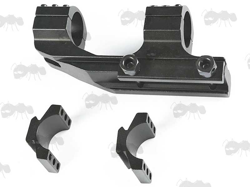 Forward Reach Offset Weaver Rail One Piece Scope Mount with Plain 25mm Rings and a Railed Top Accessory Rail Option
