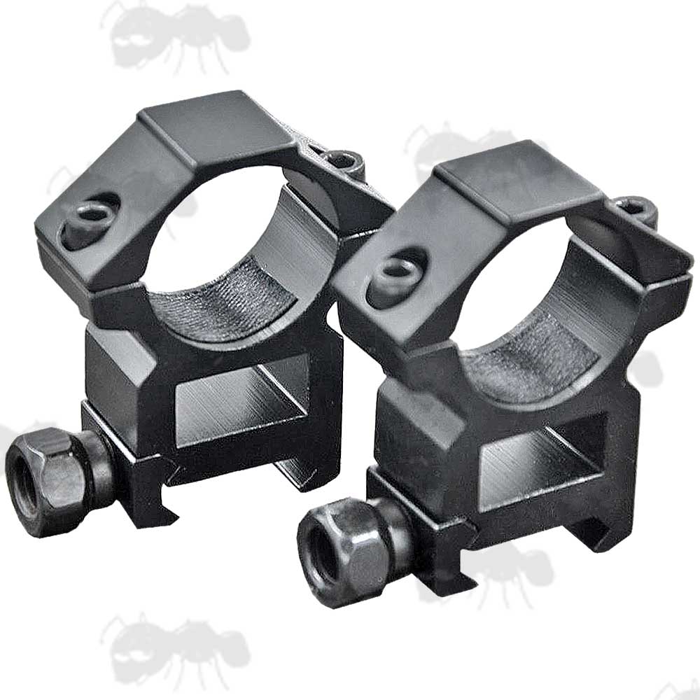 Pair of High Profile Weaver / Picatinny Rail Mount Rings for 25mm Scope Tubes With Hex Head Clamping Bolts and Flat Tops
