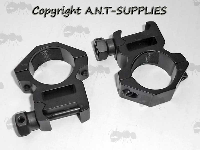 Pair of Medium Profile Weaver / Picatinny Rail Mount Rings for 25mm Scope Tubes With Hex Head Clamping Bolts and Flat Tops