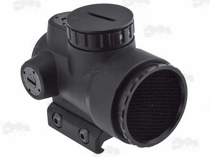 Airsoft Miniature Rifle Optic Style Anti-Reflection Device Killflash Shown Fitted to a MRO Optic Sight