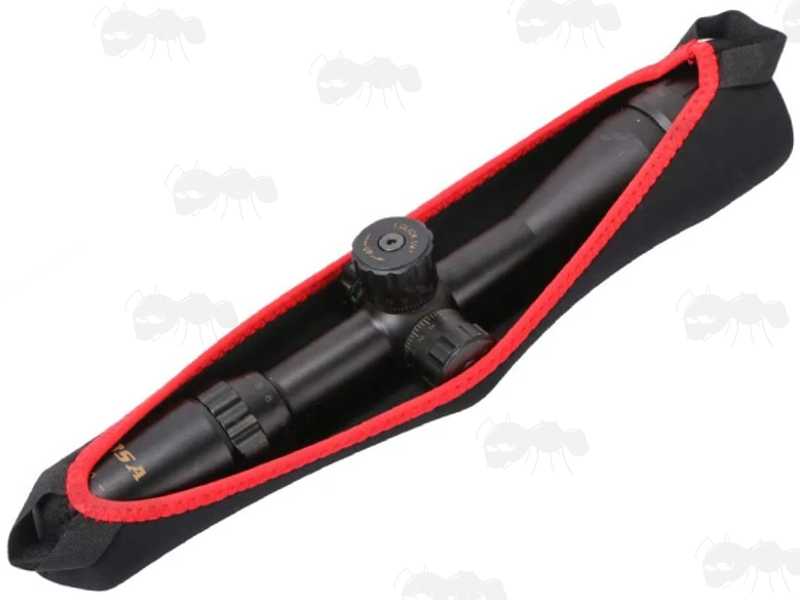 Black Neoprene Rifle Scope Cover with Red Trim Shown Over Scope