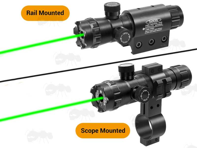 Adjustable Red Laser Gun Sight Shown Fitted to The Weaver / Picatinny Rail Mount and The Figure of Eight Scope Tube Mount