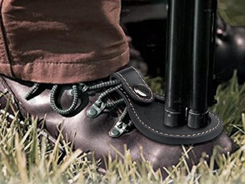 AnTac Black Leather Barrel Rest Toe Protector Fitted to a Leather Boot with Brown Stitching