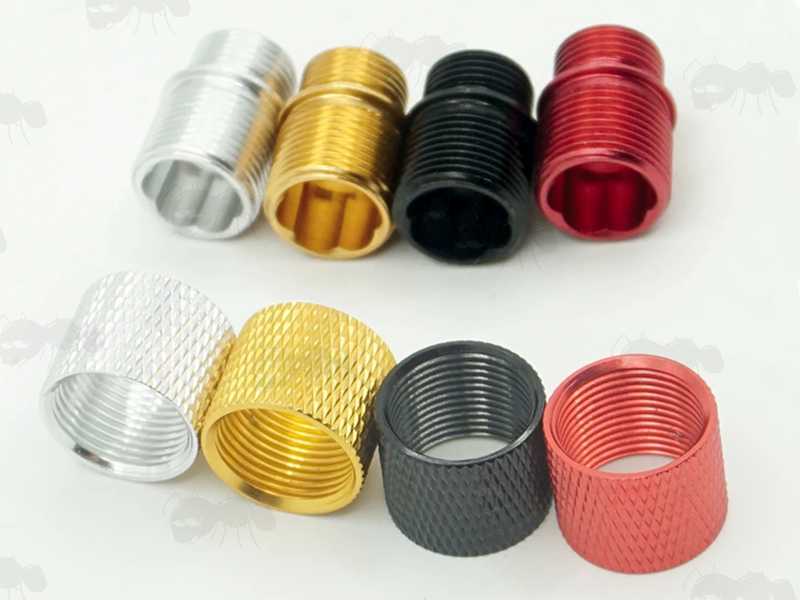 Black, Silver, Red and Gold Anodised Airsoft Pistol to -14mm Counter Clockwise Thread Silencer Adapters