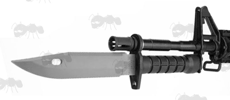 Silver Rubber Blade Airsoft Bayonet with Black Handle Fitted to a Rifle