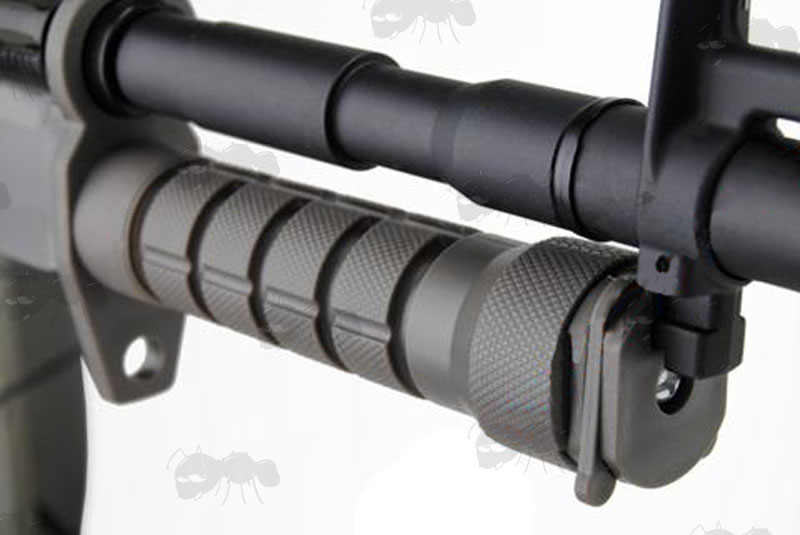 Green Handle Airsoft Bayonet Fitted to Rifle