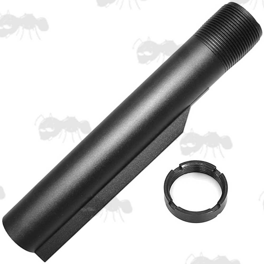 Black Metal Airsoft Mil-Spec Buffer Stock Tube with Castle Nut Fitted