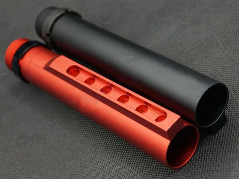 Six Position Slot Base View of The Black and One Red Anodised All Metal Airsoft Mil-Spec Buffer Stock Tubes with Castle Nuts Fitted