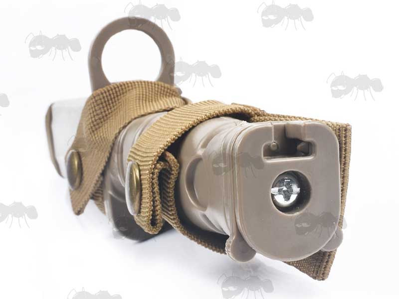 End of Handle View Of A Tan Coloured M10 Airsoft Rubber Bayonet