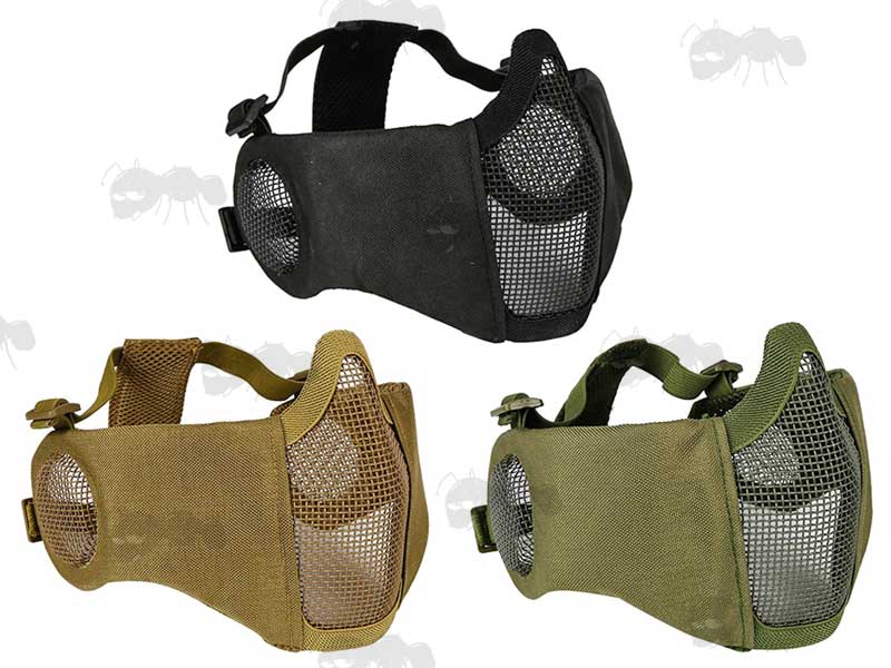 Black, Green and Khaki Coloured Lower Face Wire Mesh Airsoft Masks with Ear Covers