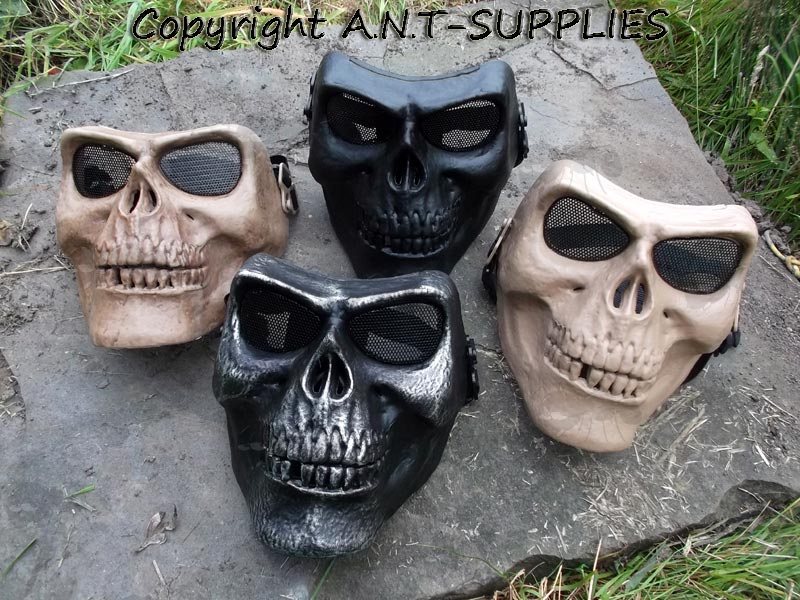 Four MO2 Airsoft Skull Masks in Black, Tan, Dark Earth, and Black with Silver Detail