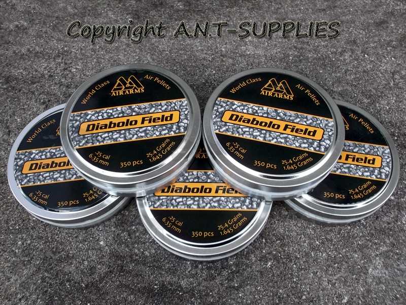 Five Tins of Air Arms .25 / 6.35mm Calibre Diabolo Field Airgun Pellets