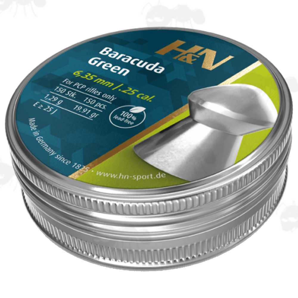 Tin Of 150 x .25 / 6.35mm Calibre H&N Baracuda Green Line Lead Free PCP Air Rifle Pellets