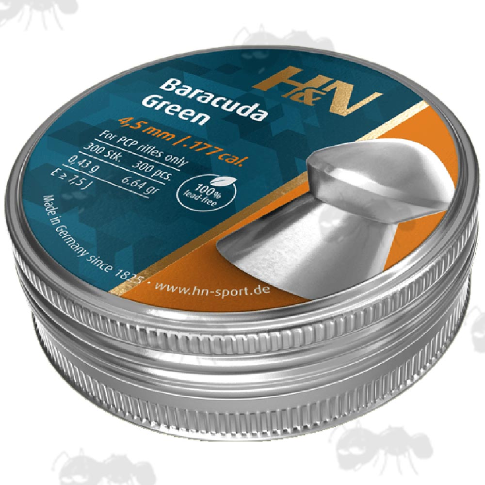 Tin Of 300 x .177 / 4.5mm Calibre H&N Baracuda Green Line Lead Free PCP Air Rifle Pellets