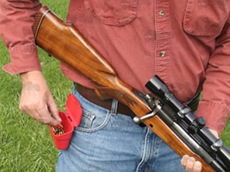 MTM ABP Red Plastic Ammo Belt Pouch Shown Being Used