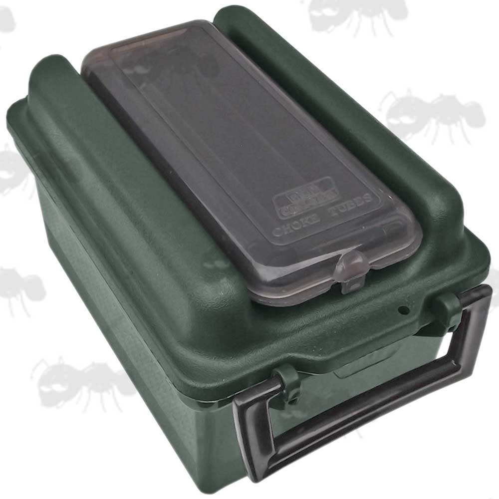 MTM Forest Green Plastic Shotgun Cartridge Box With Built In Choke Tube Case Holder