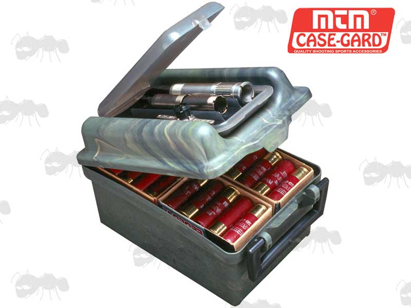 MTM Wild Camouflage Plastic Shotgun Cartridge Box With Built In Choke Tube Case Holder